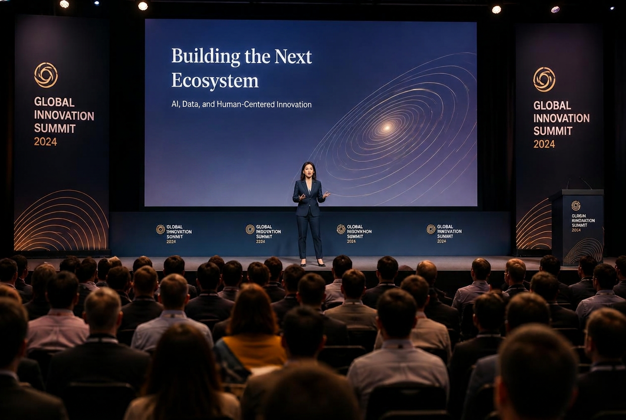 A confident executive presenting on stage to an international business audience